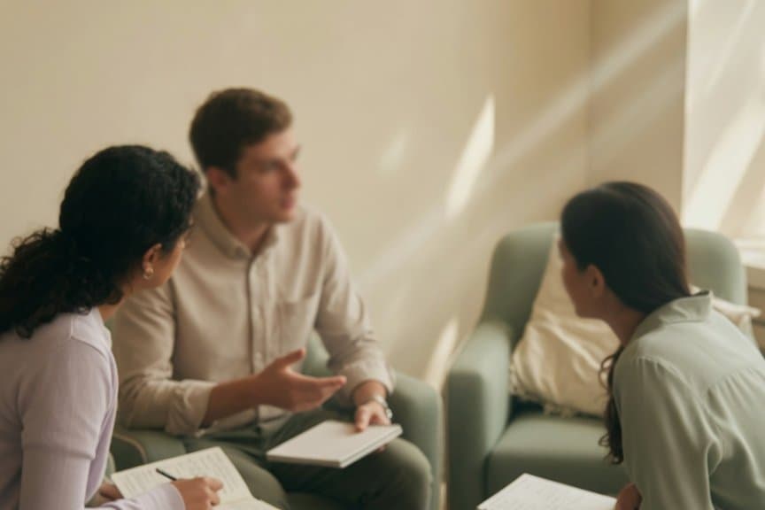 Clinical care team in discussion, seated in a circle of armchairs with notebooks