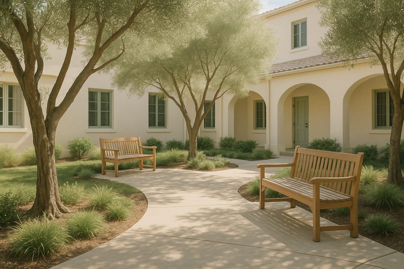 Landscaped courtyard of a care facility with seating and mature plantings