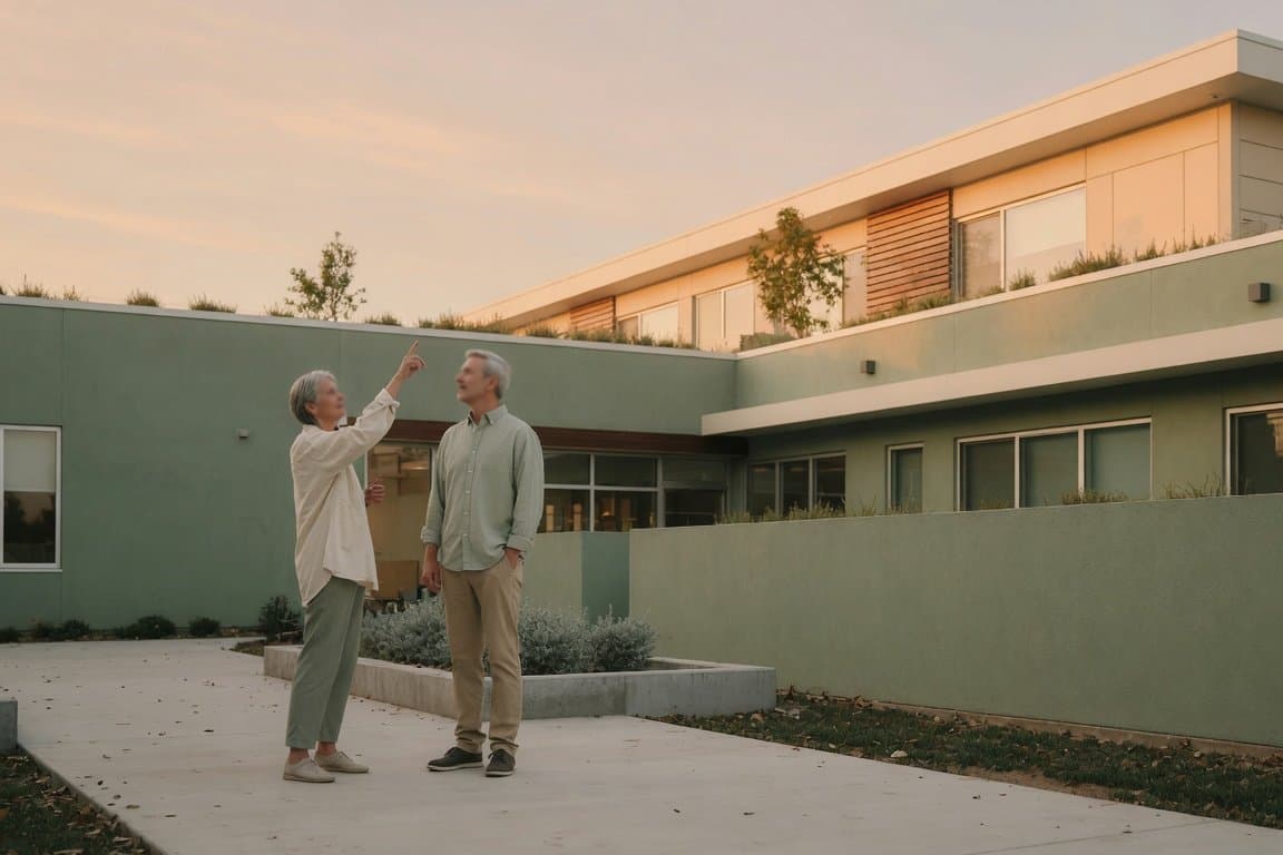 Two owners standing in front of their care facility at golden hour