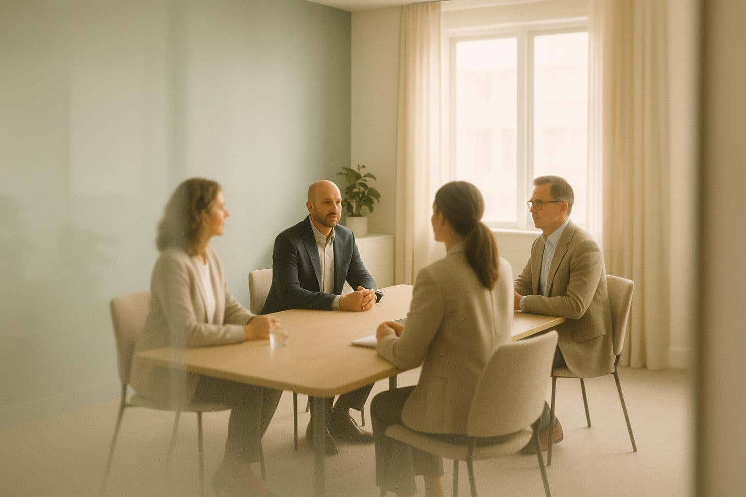 Leadership team in discussion, seen through the glass wall of a meeting room