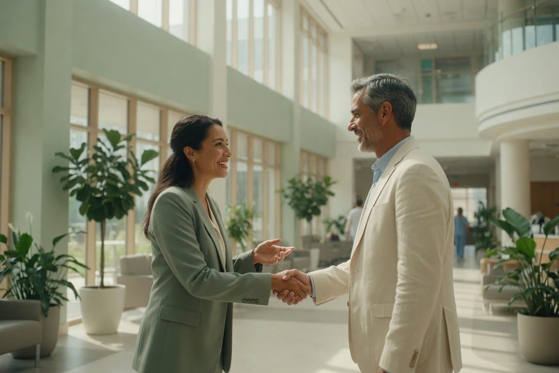 Two healthcare leaders shaking hands in a bright hospital atrium
