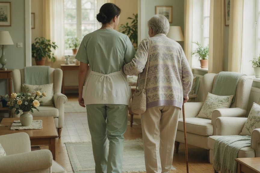 Nurse walking arm in arm with an elderly resident through a bright common room