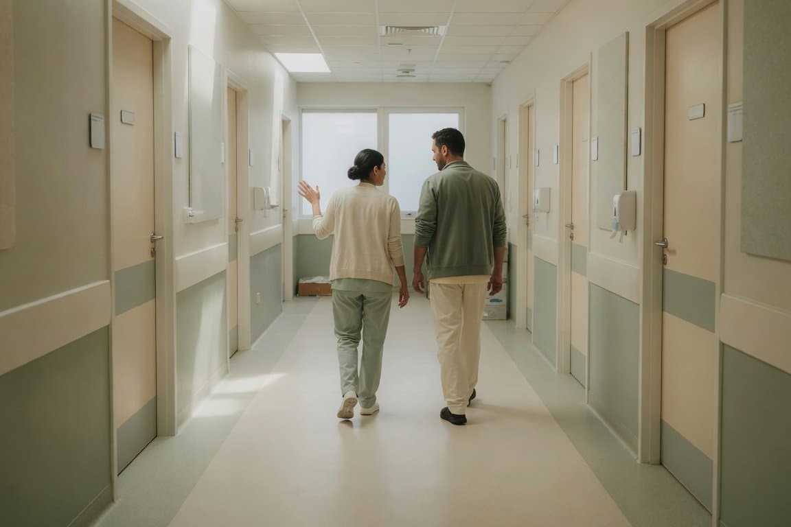 Two professionals walking a bright care unit corridor during a readiness walkthrough